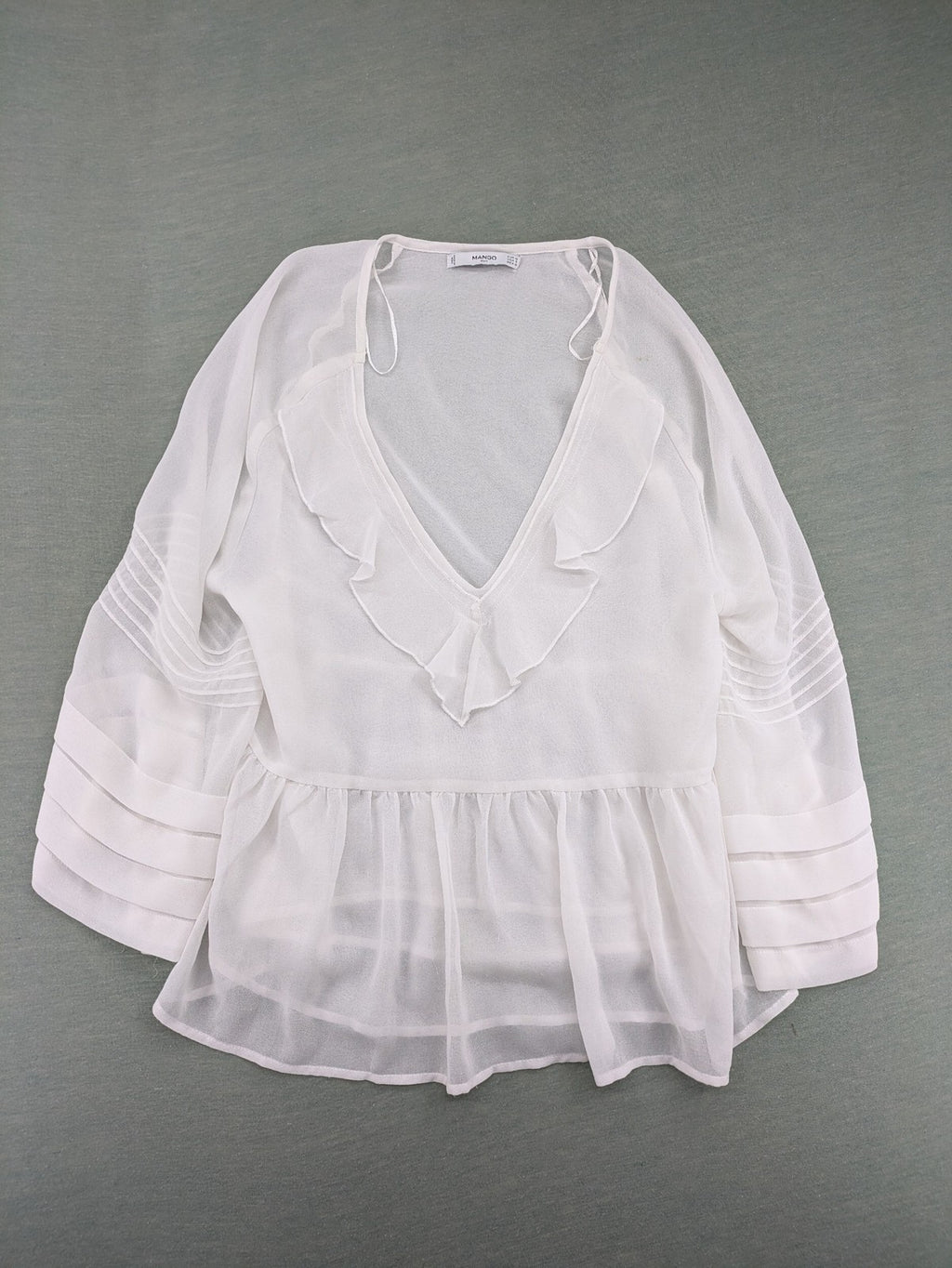 Mango Suit transparent blouse white ruffled V-neck flared sleeves elegant design