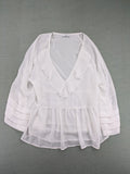 Mango Suit transparent blouse white ruffled V-neck flared sleeves elegant design