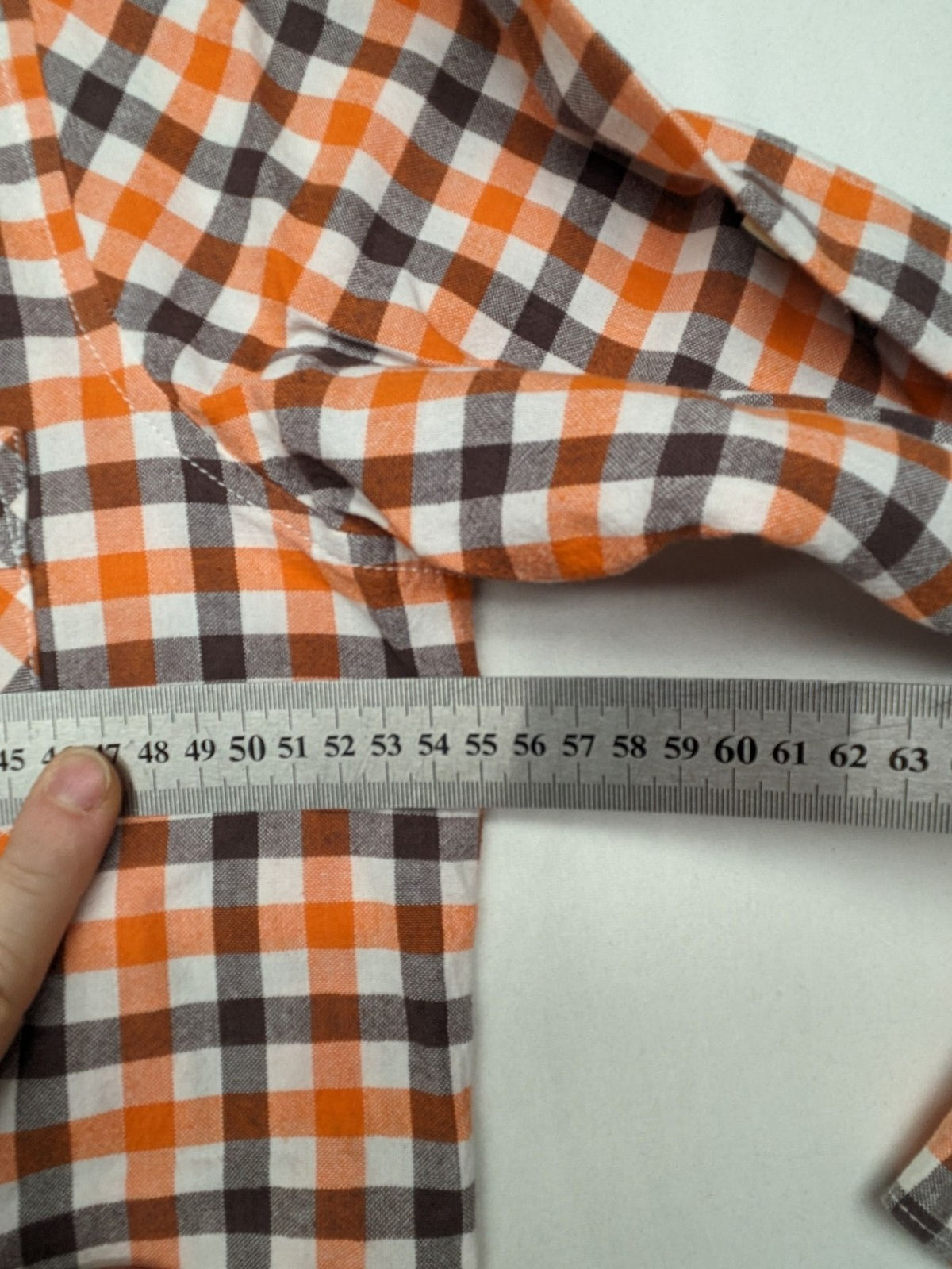 Country Life orange checkered shirt, 100% cotton, single chest pocket, button-down style.