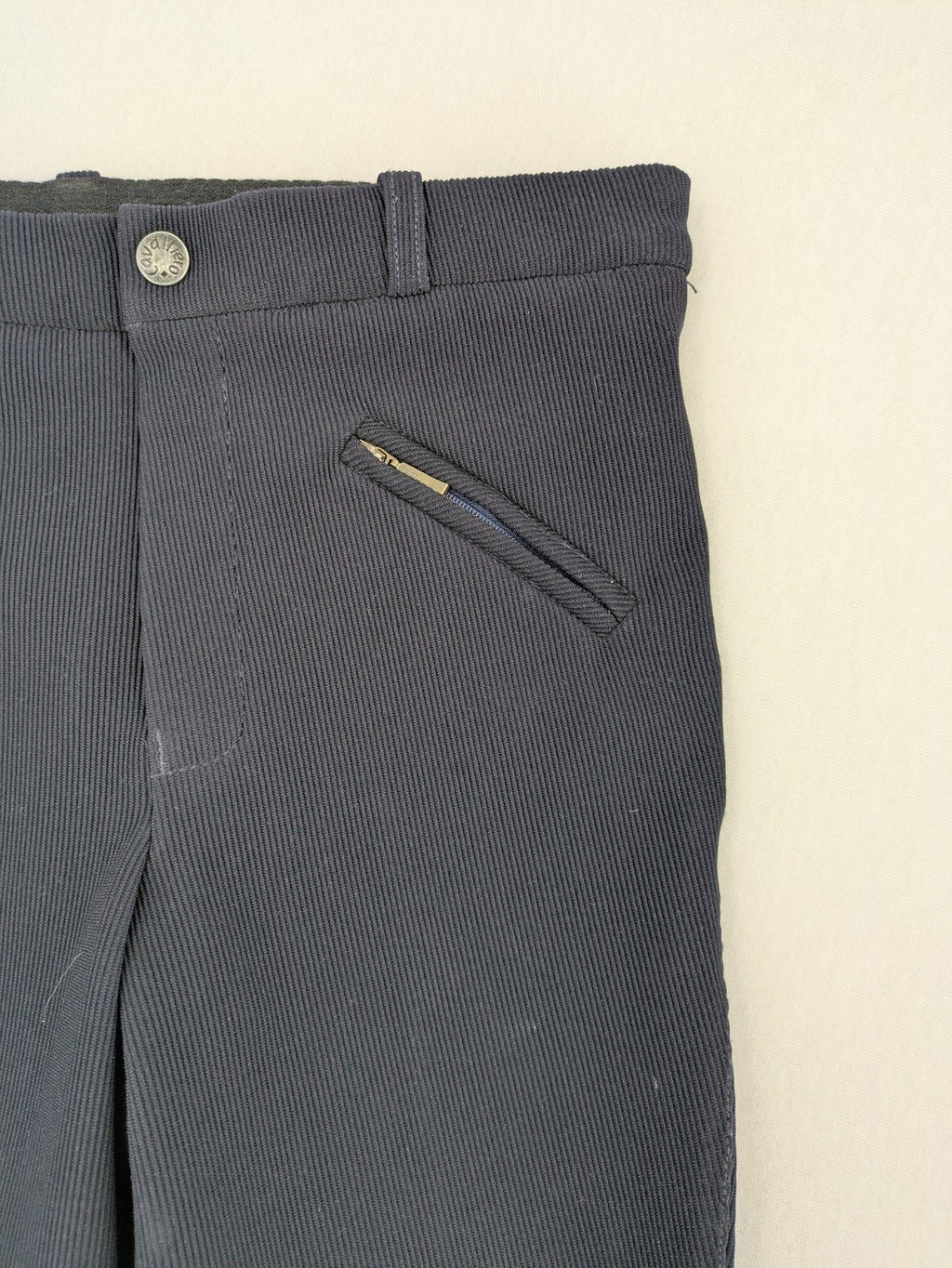 Cavalliero blue youth riding pants with knee patches and ribbed microfiber fabric.