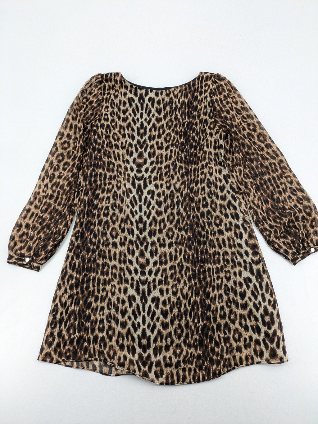 Atmosphere beige leopard print dress with sheer chiffon sleeves and buttoned cuffs.