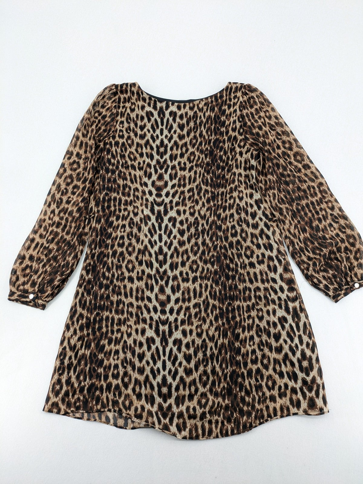Atmosphere beige leopard print dress with sheer chiffon sleeves and buttoned cuffs.