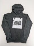 FSBN white zip-through hoodie with "Just Do Nothing" graphic and adjustable drawstring hood.