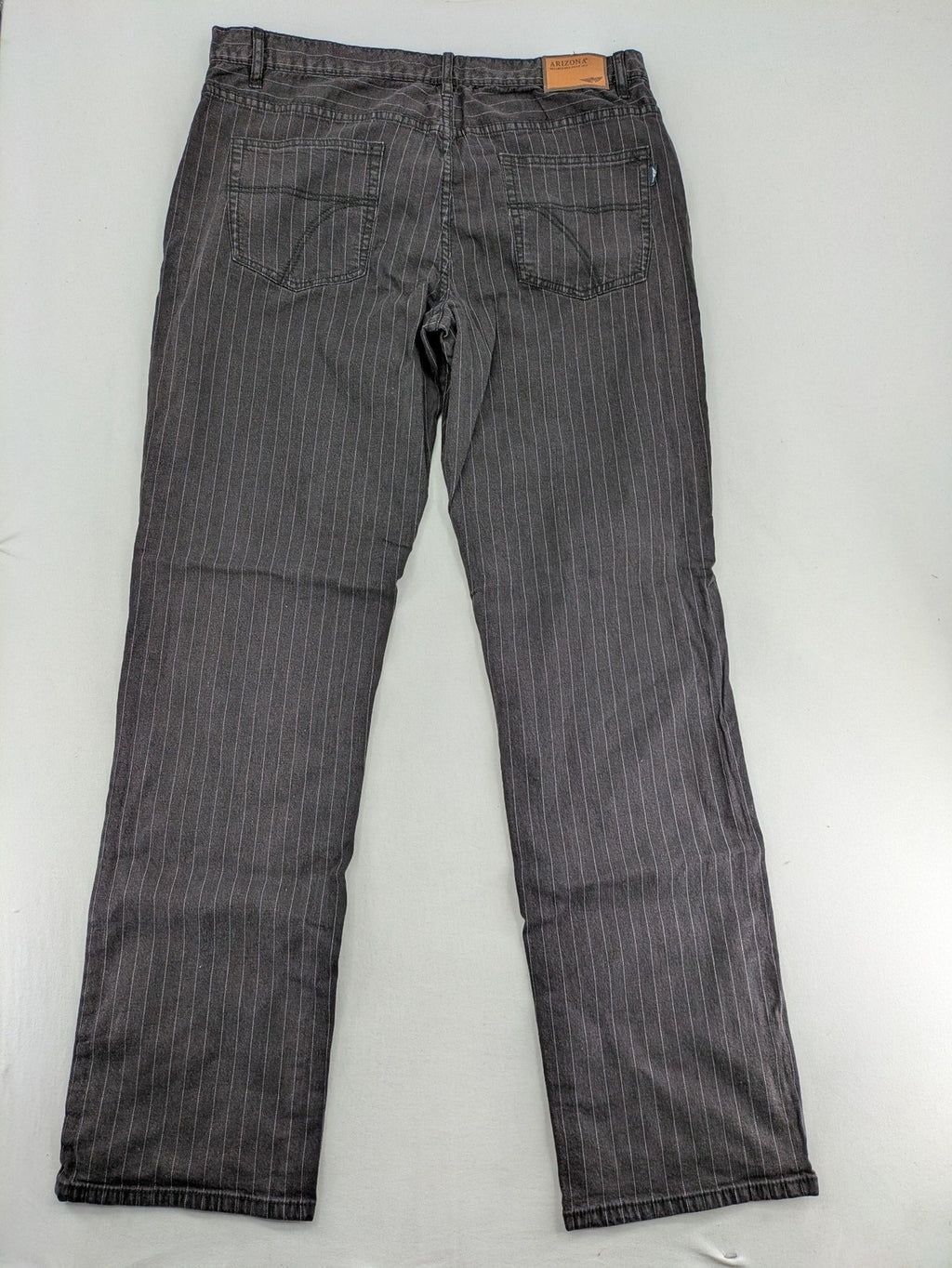 Arizona grey straight jeans with white pinstripe pattern, cotton blend material.