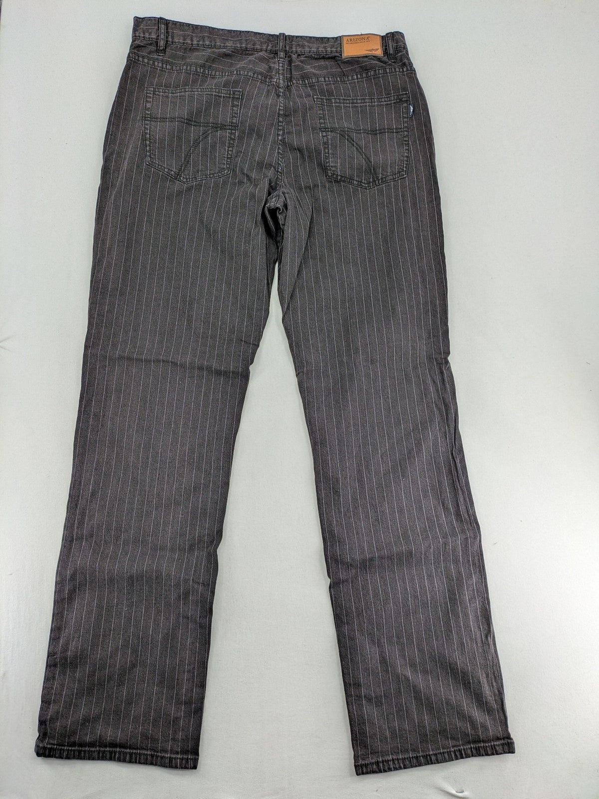 Arizona grey straight jeans with white pinstripe pattern, cotton blend material.