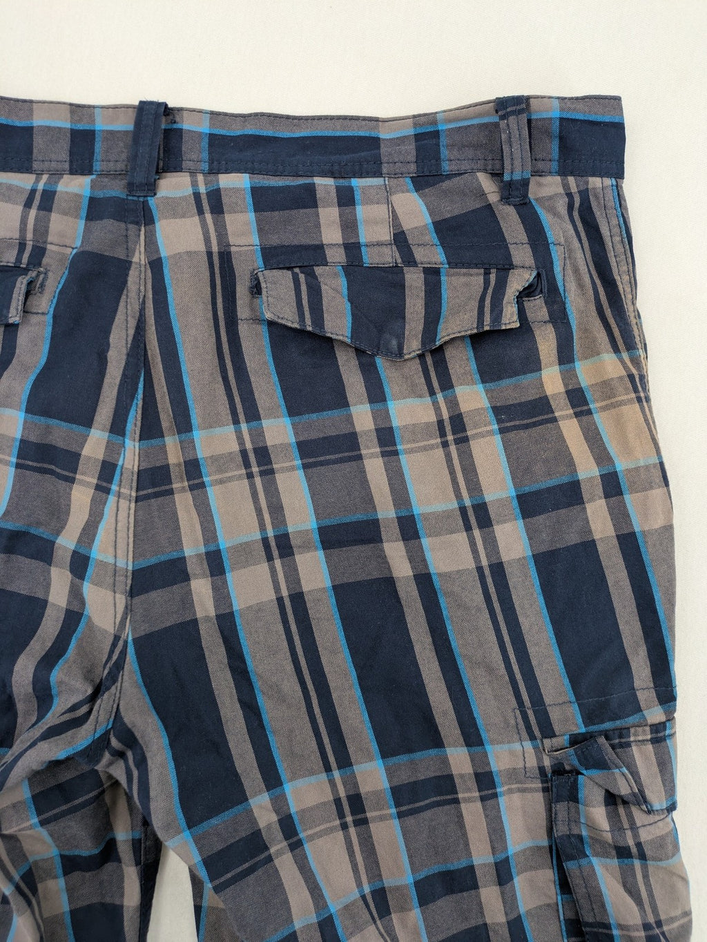 bpc bonprix collection multi cargo shorts blue-grey check pattern with utility pockets