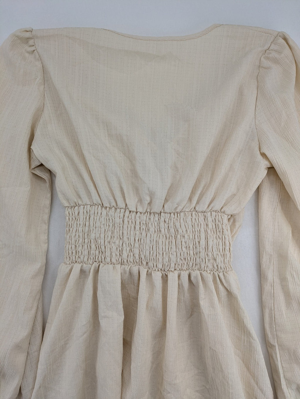 SHEIN beige bridal party dress with V-neck, ruffled bodice, and bishop sleeves.