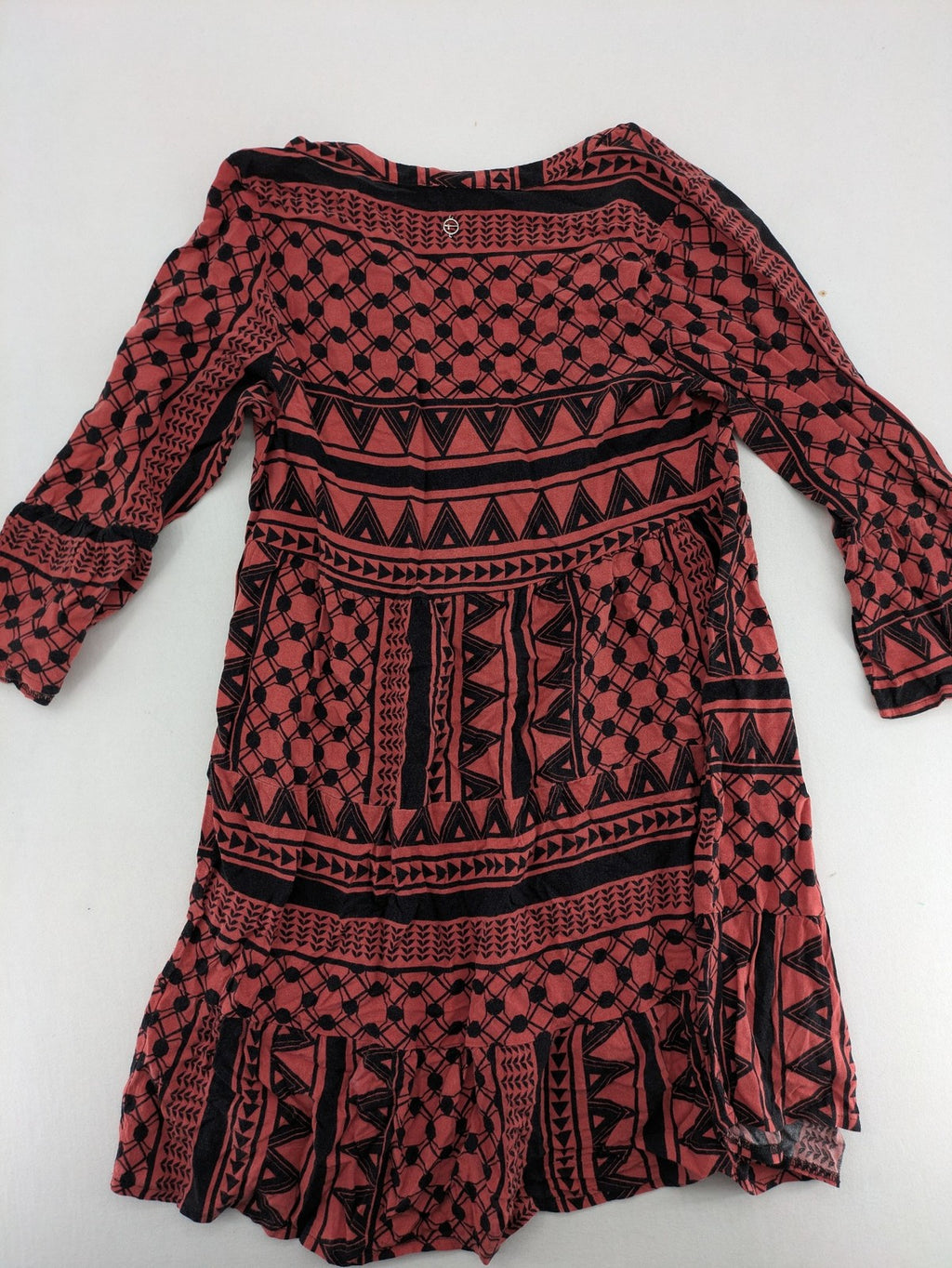 Tamaris boho tunic dress black red geometric pattern V-neck 3/4 bell sleeves