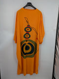 Kaftan orange oversized summer dress with unique graphic print and long sleeves.