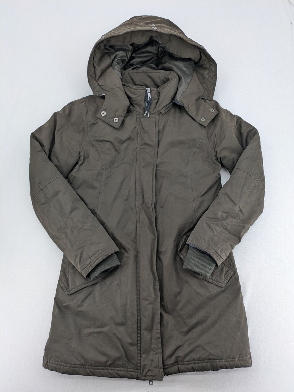 ONLY khaki parka coat with hood, quilted lining, and ribbed cuffs.
