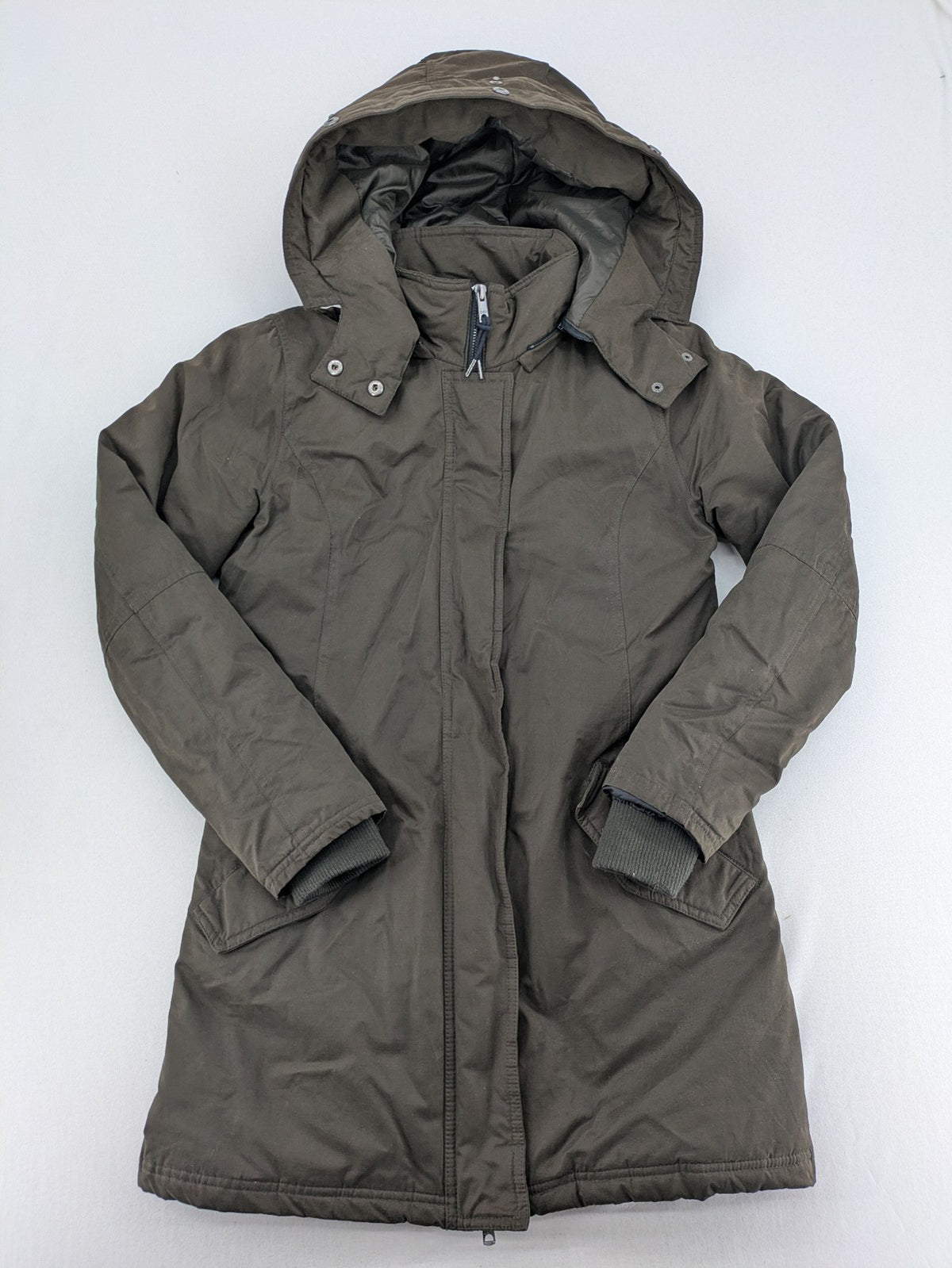 ONLY khaki parka coat with hood, quilted lining, and ribbed cuffs.