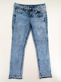 Multiblu blue straight jeans slim fit with decorative front zippers and light wash.