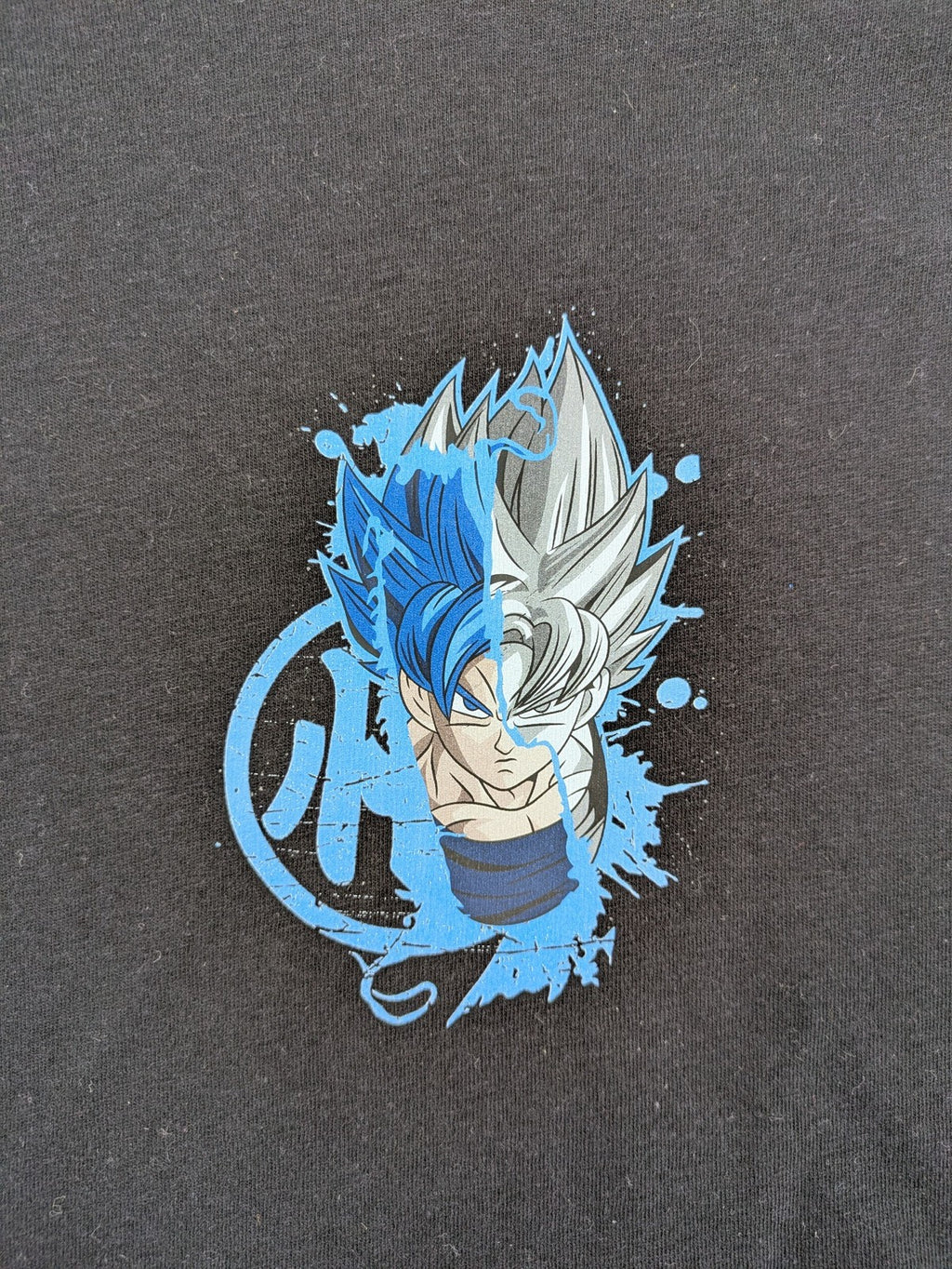 Dragon Ball Super blue t-shirt featuring Goku graphic in Super Saiyan and Ultra Instinct forms.