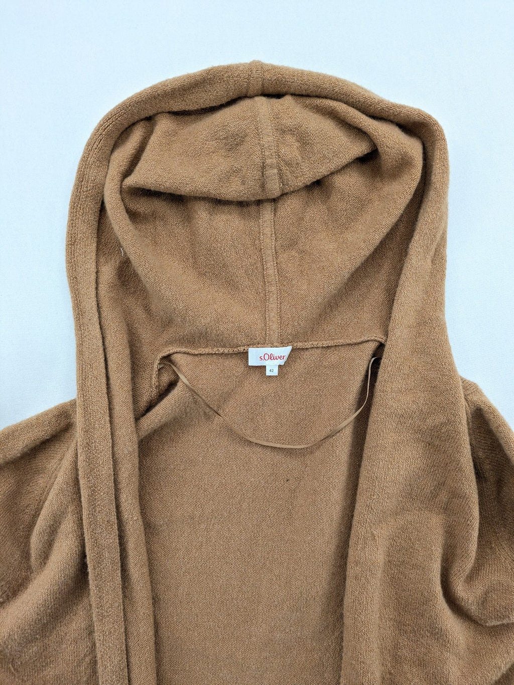 s.Oliver brown turtle neck jumper with hood, open front design, soft knit material.