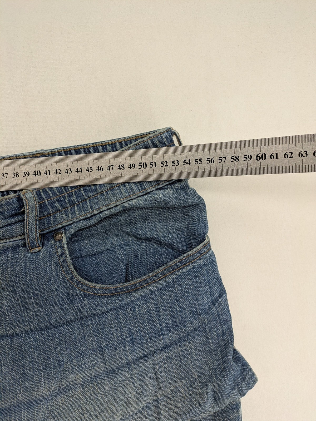 Wallbusch blue straight jeans with elastic waistband, drawstring, and breathable linen blend.