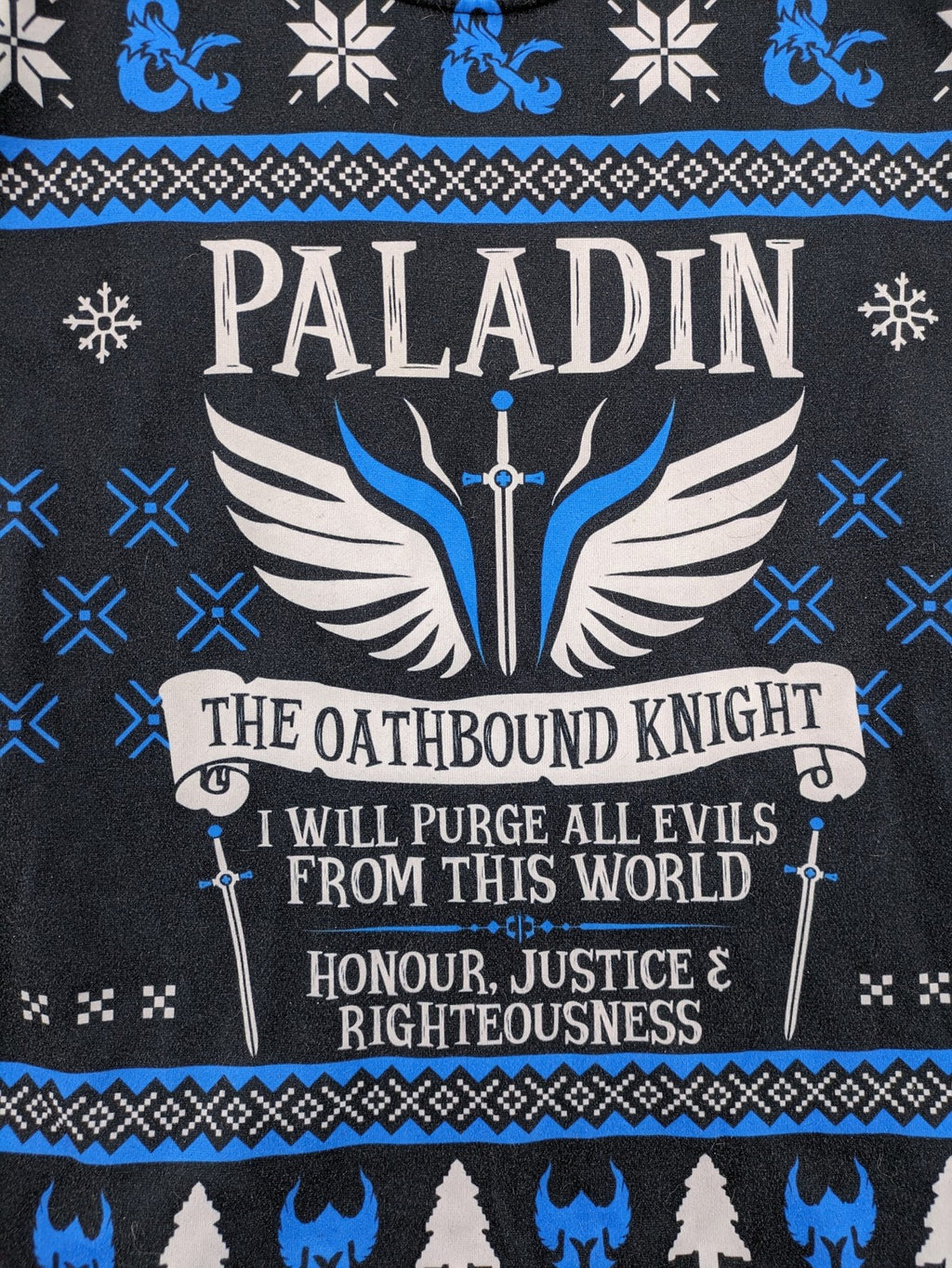 Dungeons & Dragons blue sweatshirt featuring Paladin text, iconic logo, and fantasy graphics.