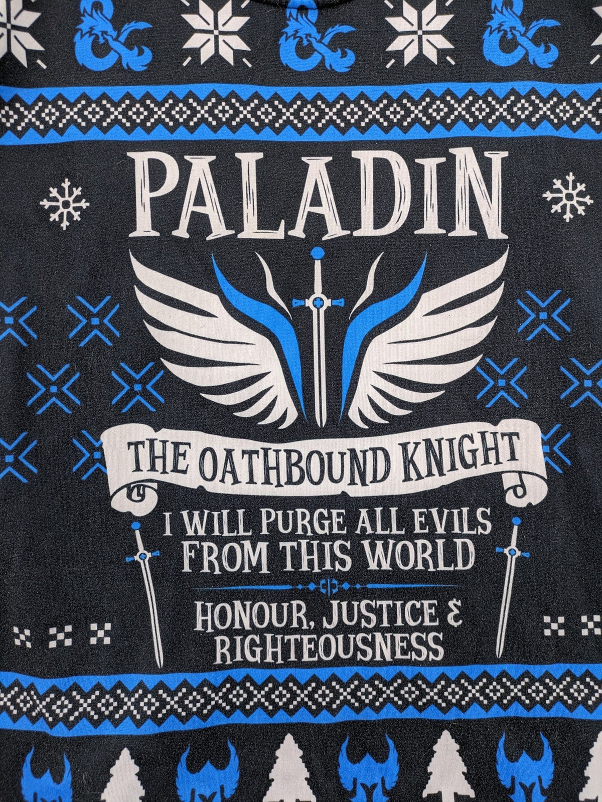Dungeons & Dragons blue sweatshirt featuring Paladin text, iconic logo, and fantasy graphics.