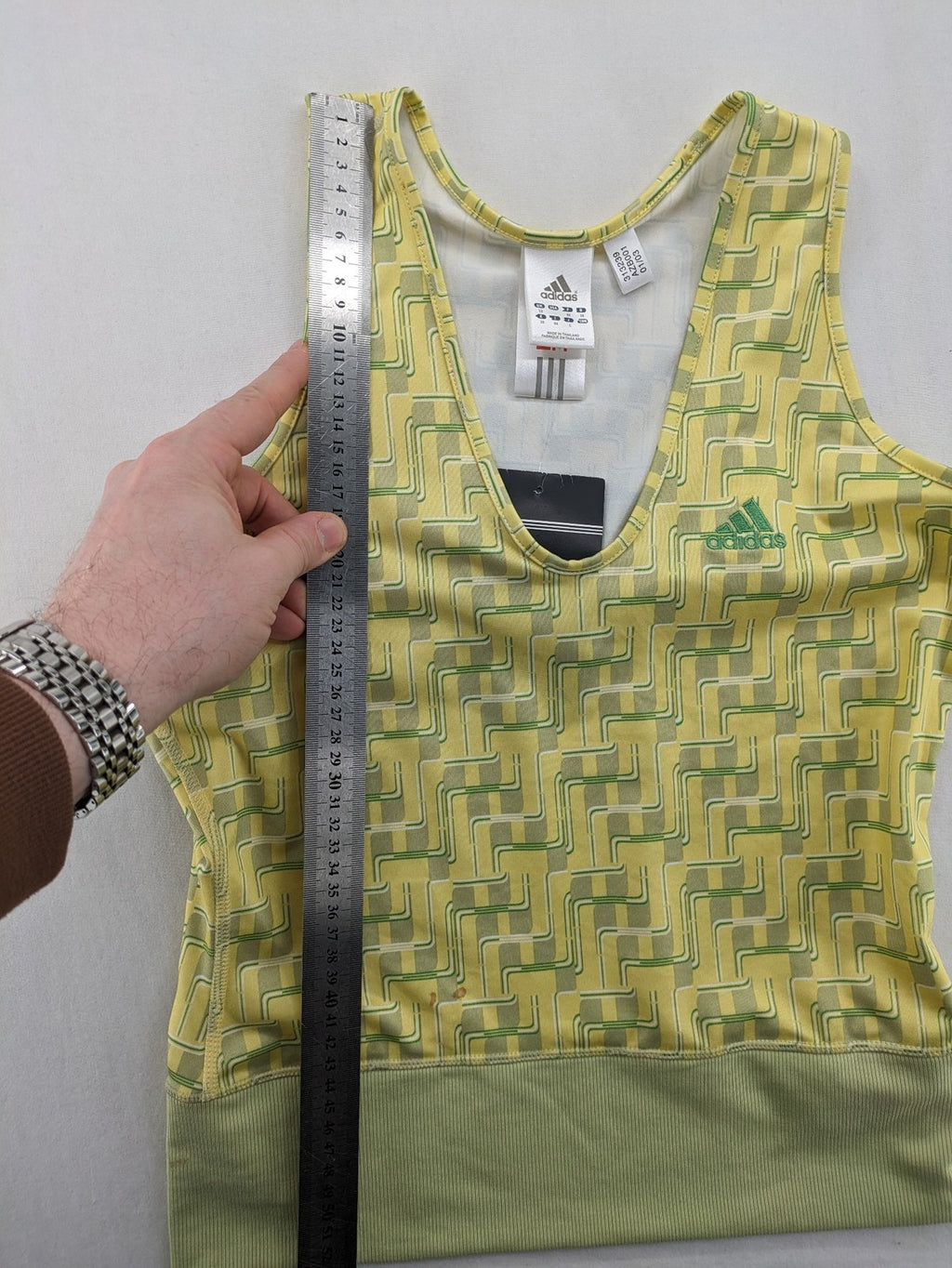 Adidas tank top green yellow geometric pattern V-neck Climalite technology