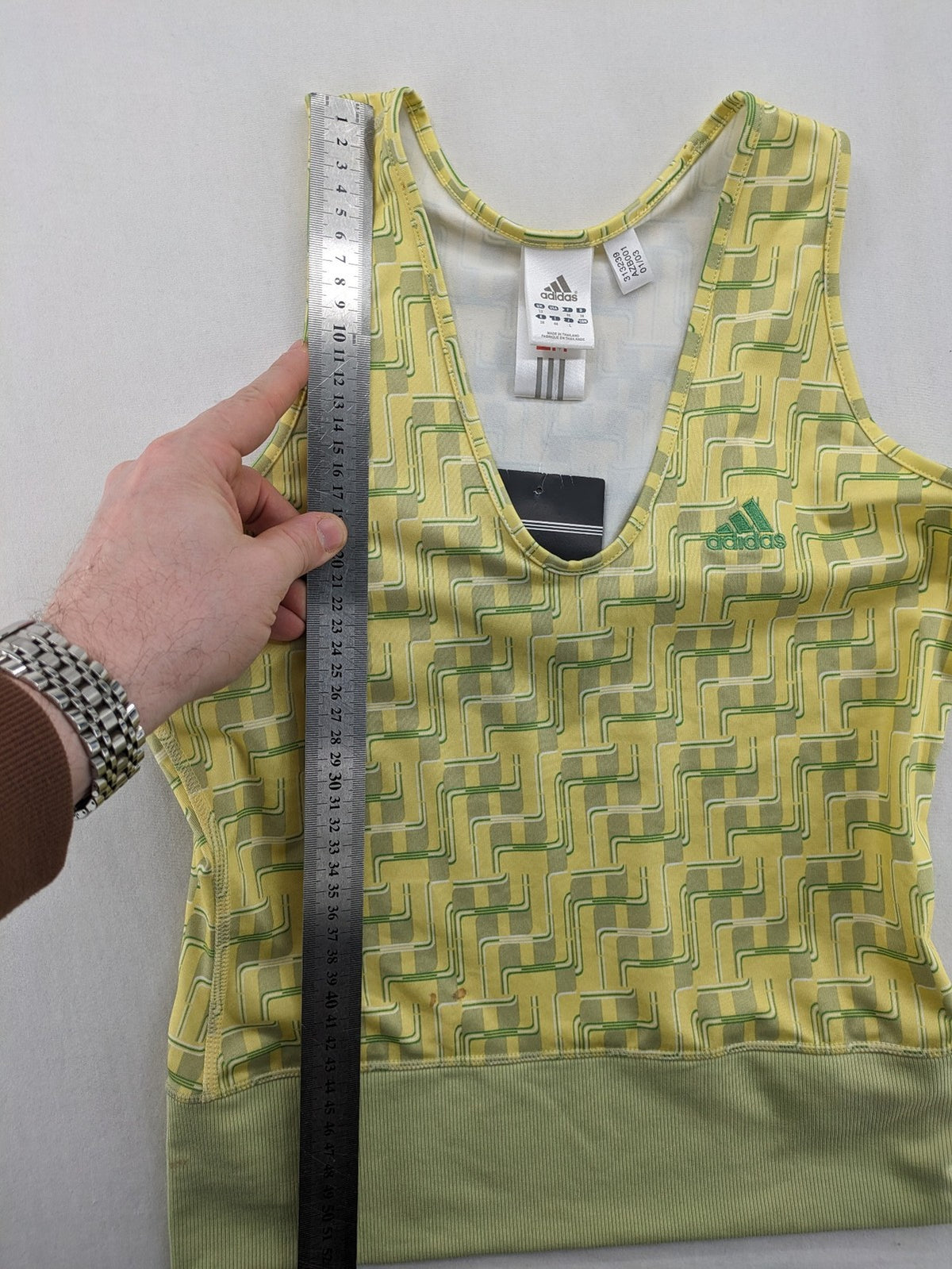 Adidas tank top green yellow geometric pattern V-neck Climalite technology