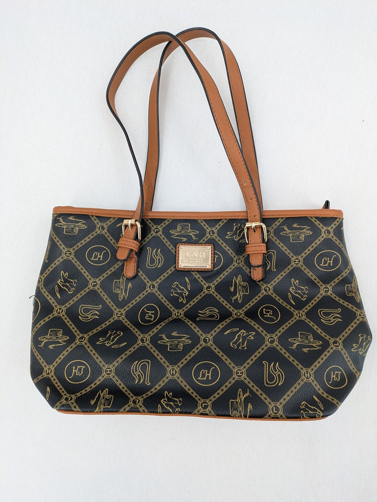 L&H brown and black handbag with monogram pattern and gold accents, versatile shoulder strap.