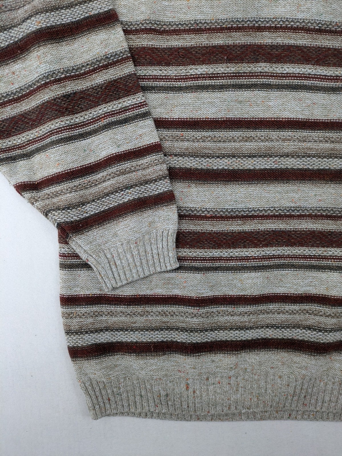 MC Casuals multi turtle neck jumper vintage striped pattern in brown and grey acrylic.