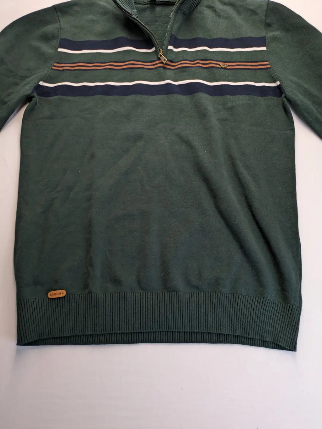 Aiopeson orange turtle neck jumper with striped pattern in navy and white, cotton blend.