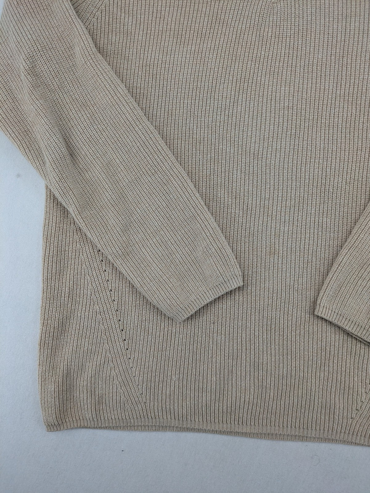s.Oliver beige turtle neck jumper with V-neck, ribbed texture, and raglan sleeves