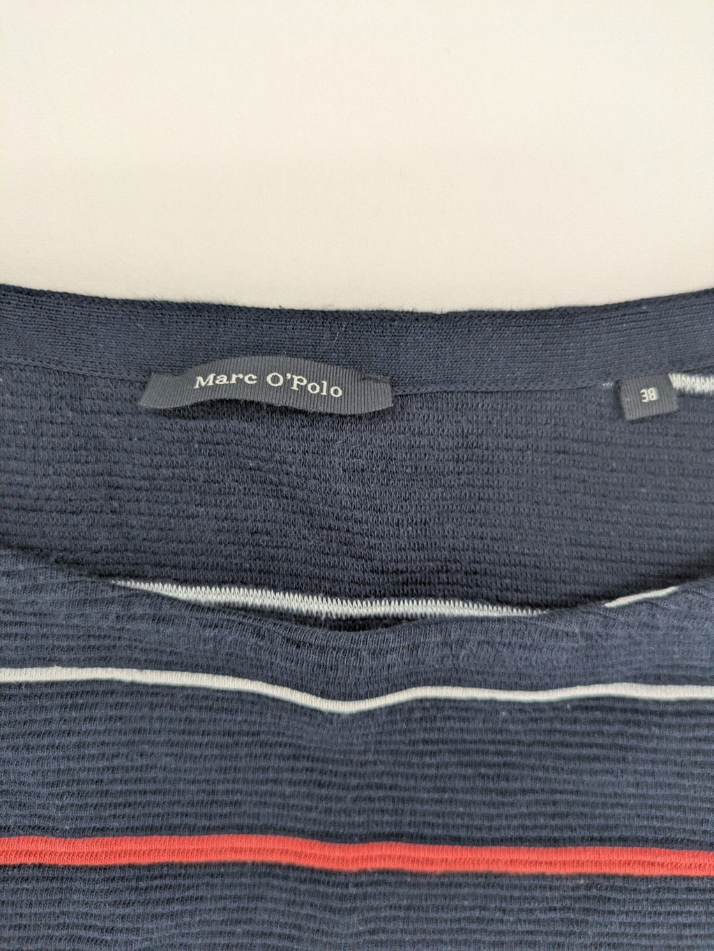 Marc O'Polo striped dress navy blue with red and white stripes, 3/4 sleeves, cotton.