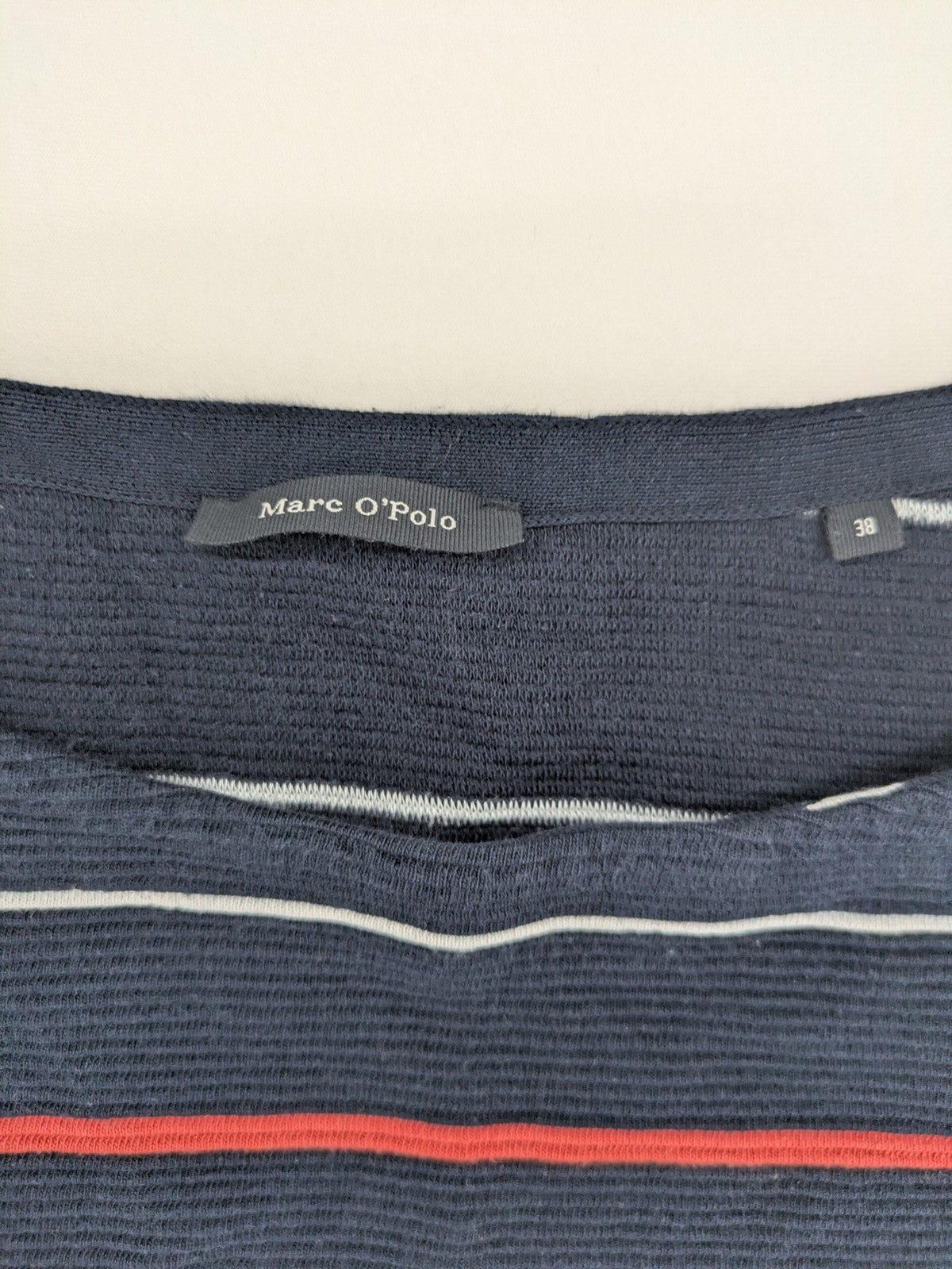Marc O'Polo striped dress navy blue with red and white stripes, 3/4 sleeves, cotton.