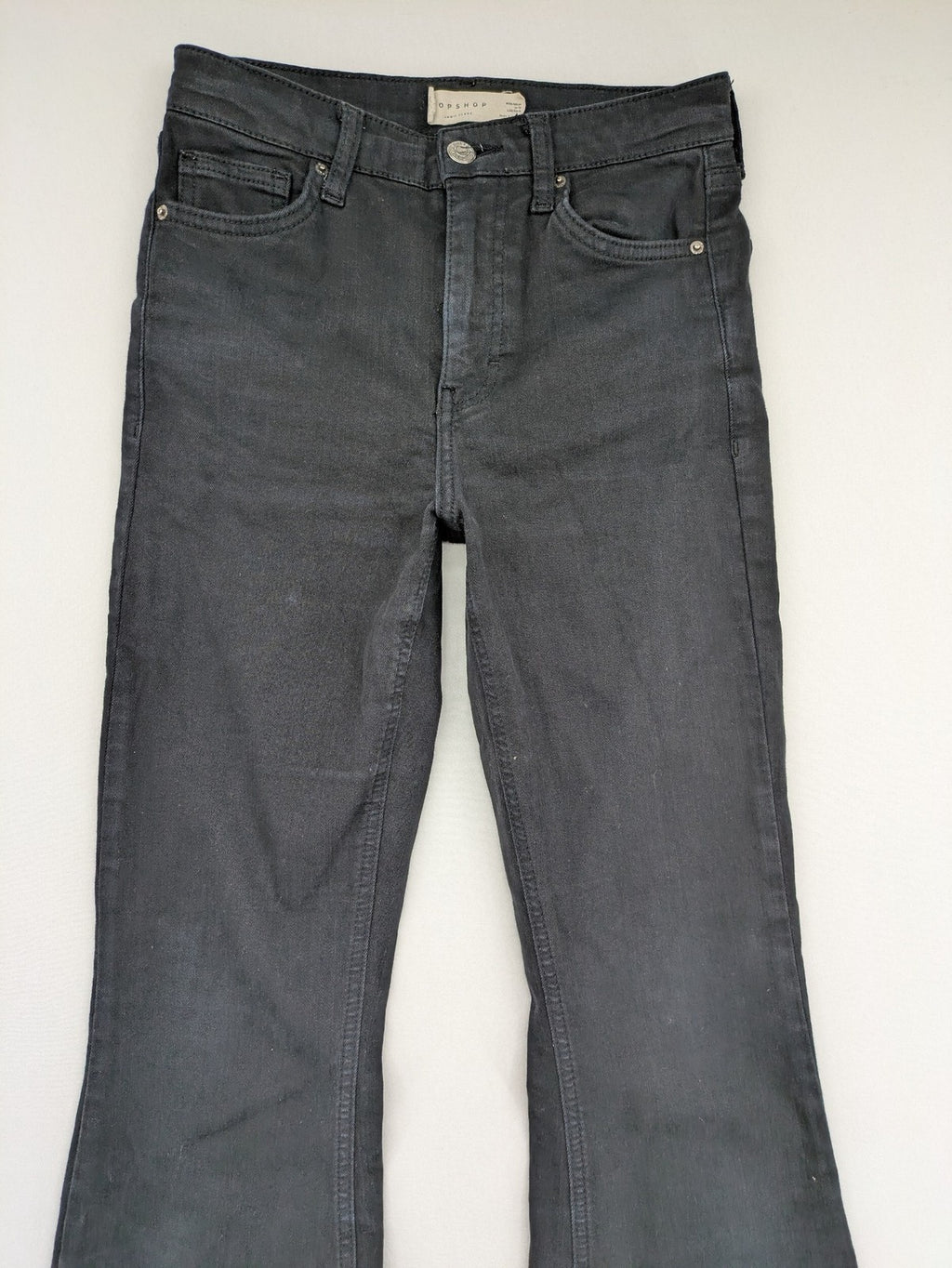 Topshop black Jamie flare jeans high waist stretch denim with classic silhouette.