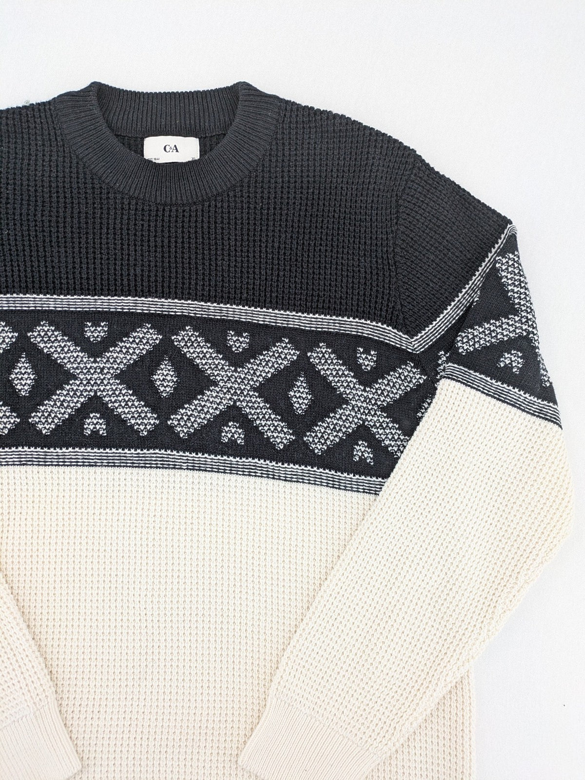 C&A turtle neck jumper black cream with Nordic pattern and waffle knit texture.