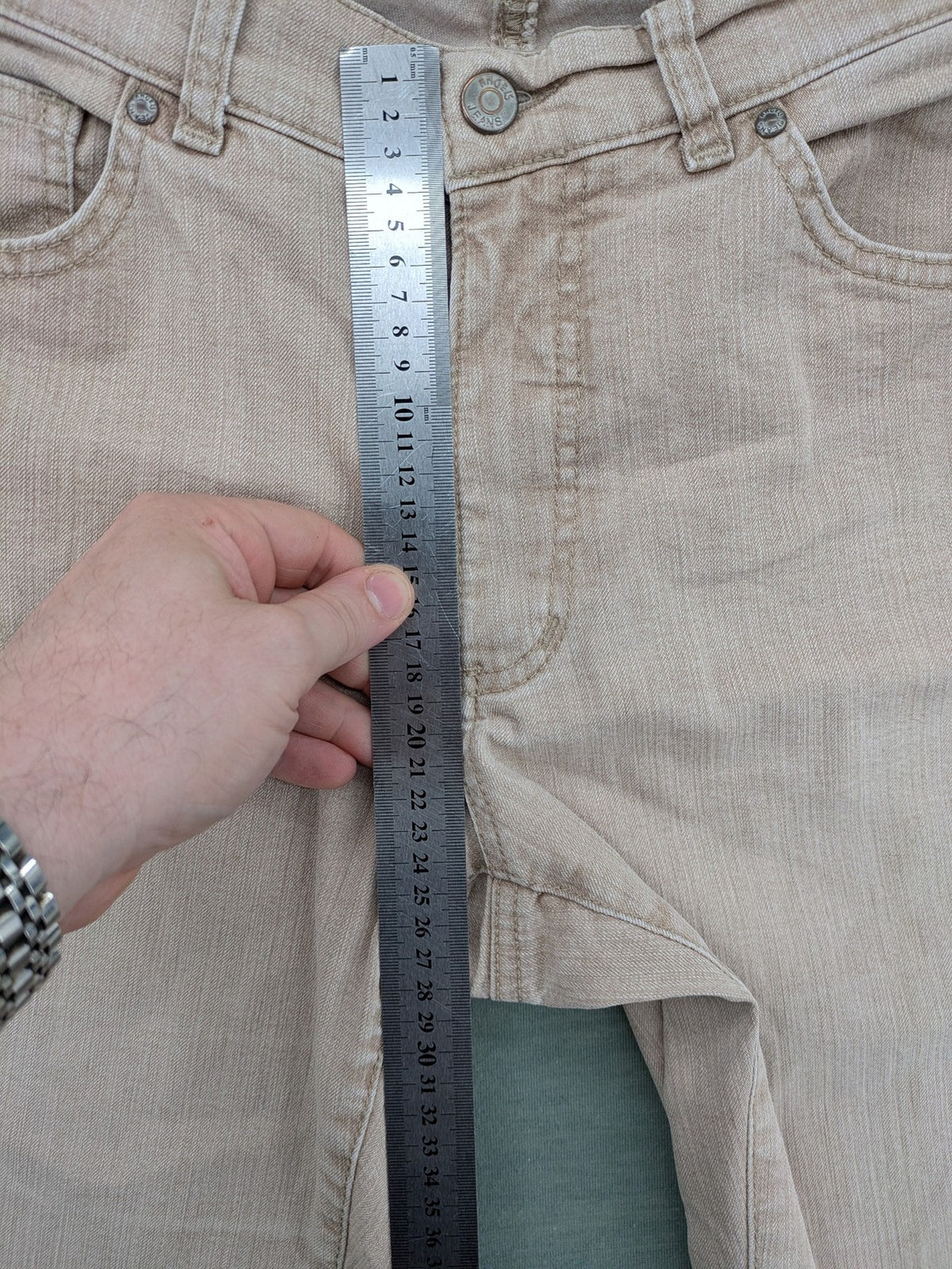 Angels beige straight leg jeans with five-pocket design and zipper button closure.