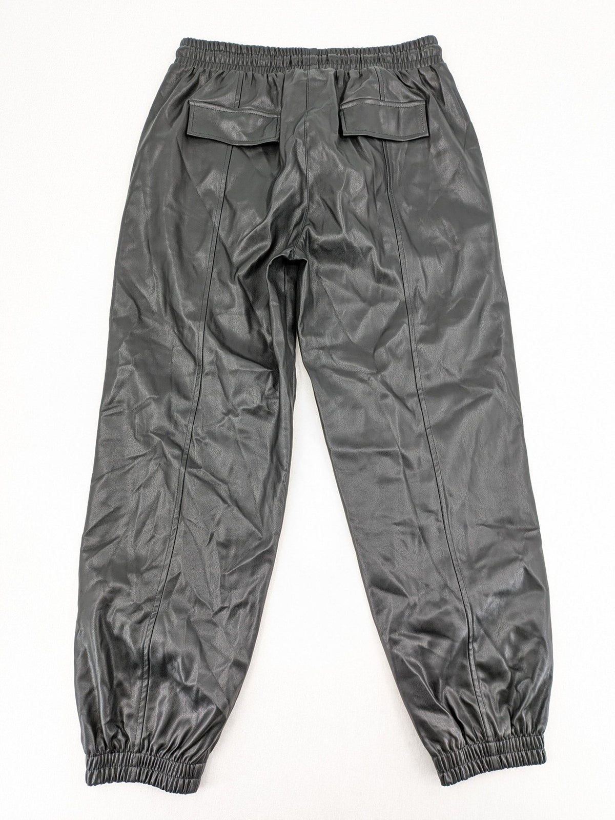 FB Sister grey jogger pants high waist with elastic waistband and drawstring, faux leather material.