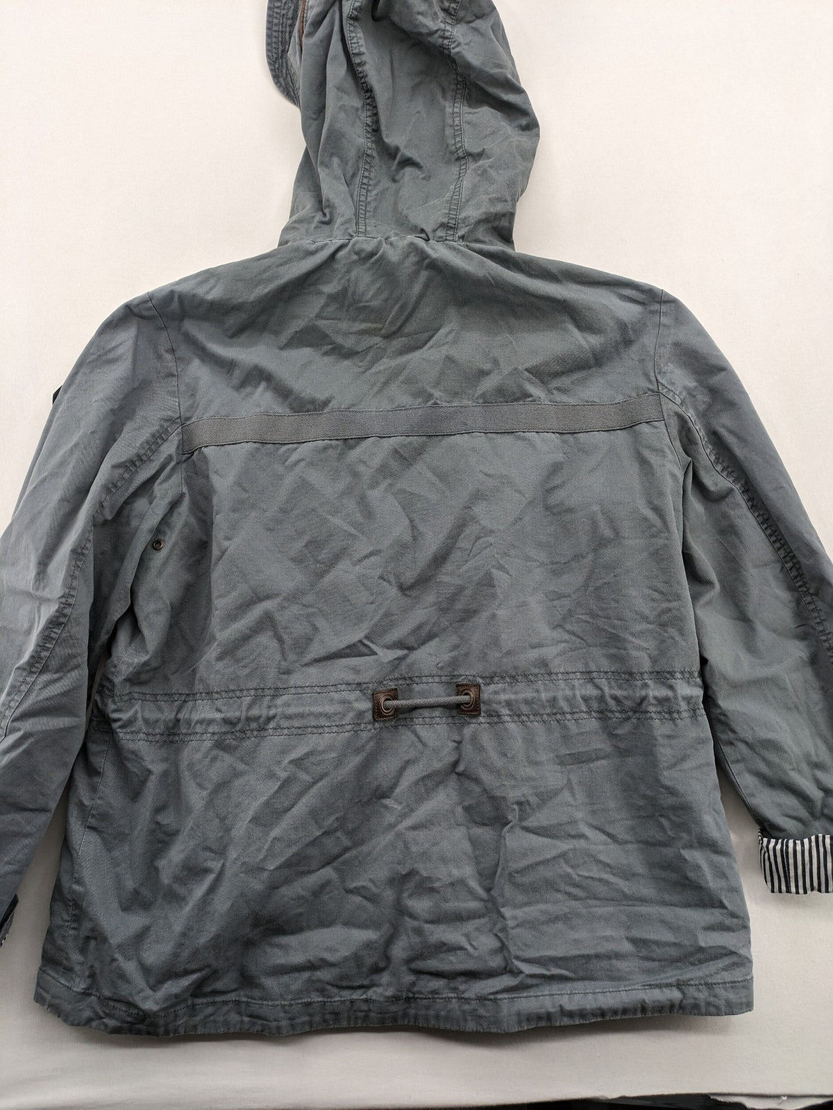 edc grey parka jacket with hood, adjustable drawstrings, and striped lining