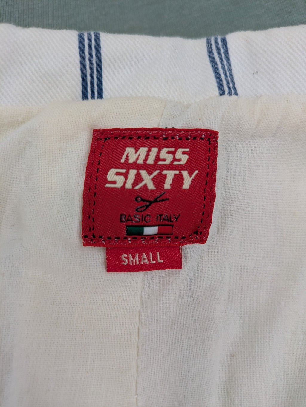 Miss Sixty vintage blazer white and blue striped cotton with logo and unique button closures.