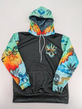 Skull tie-dye hoodie blue green with cannabis leaf graphic and bold text.