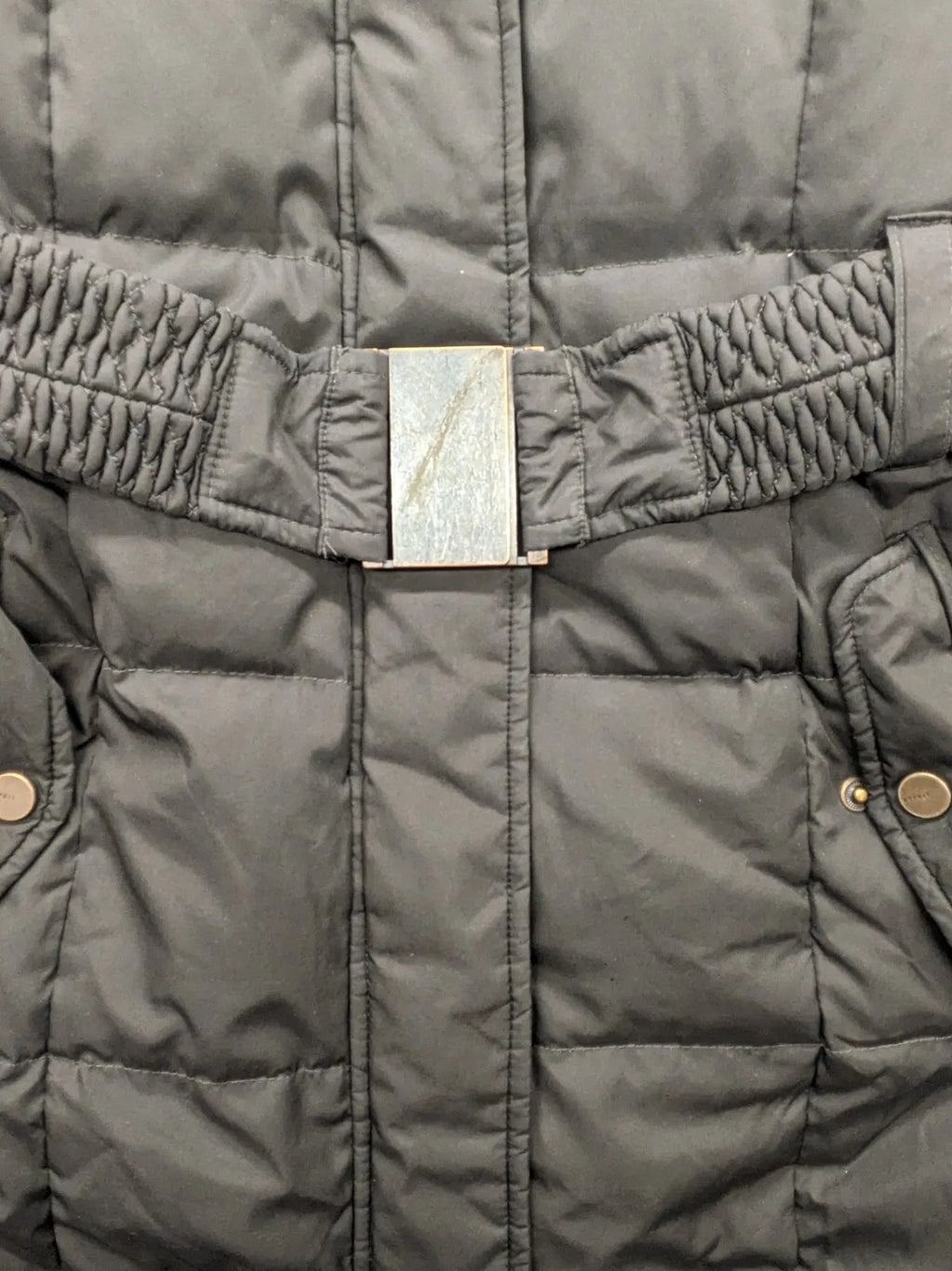 Esprit black quilted coat with removable faux fur hood and elastic waist belt.