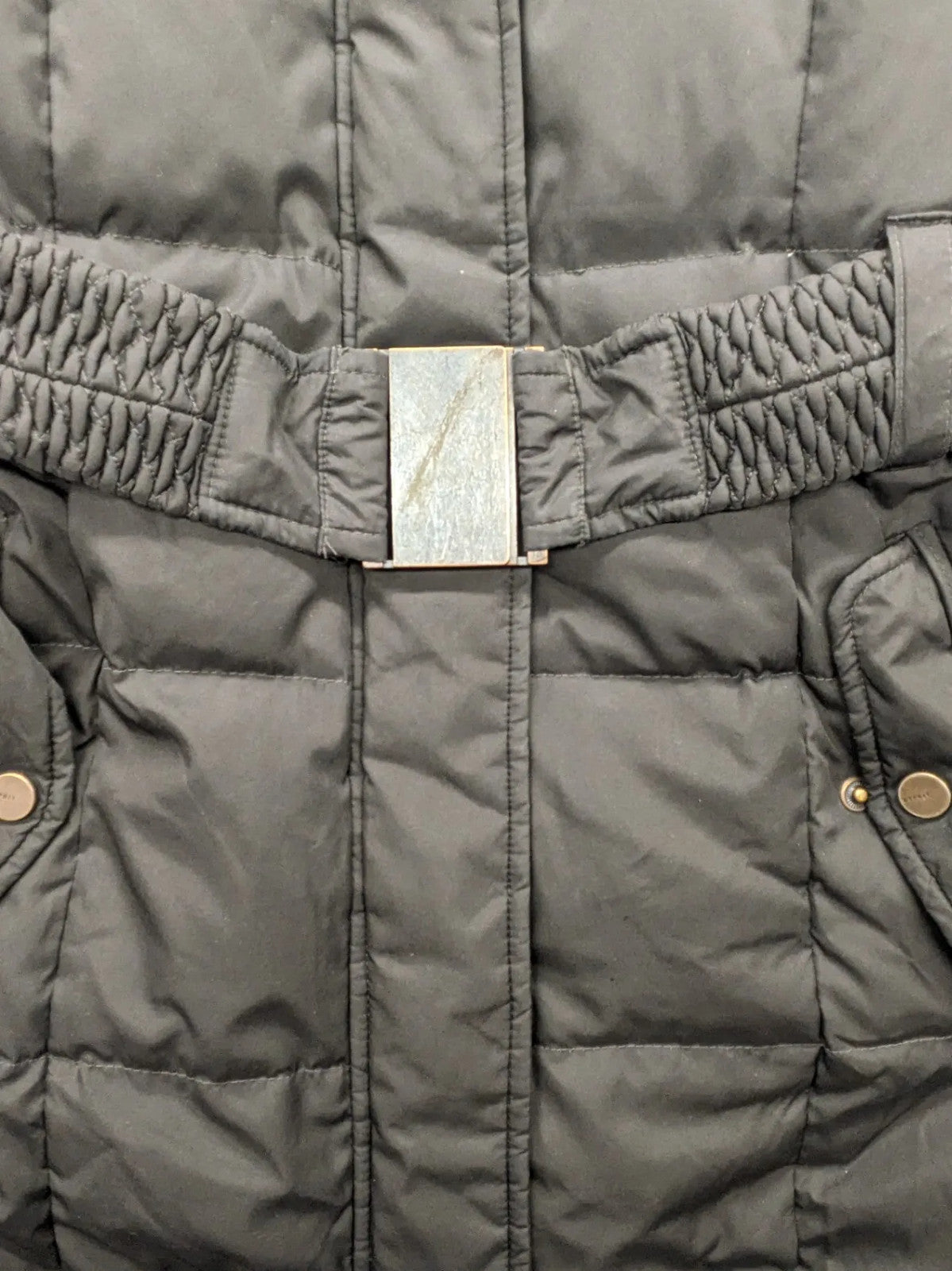 Esprit black quilted coat with removable faux fur hood and elastic waist belt.