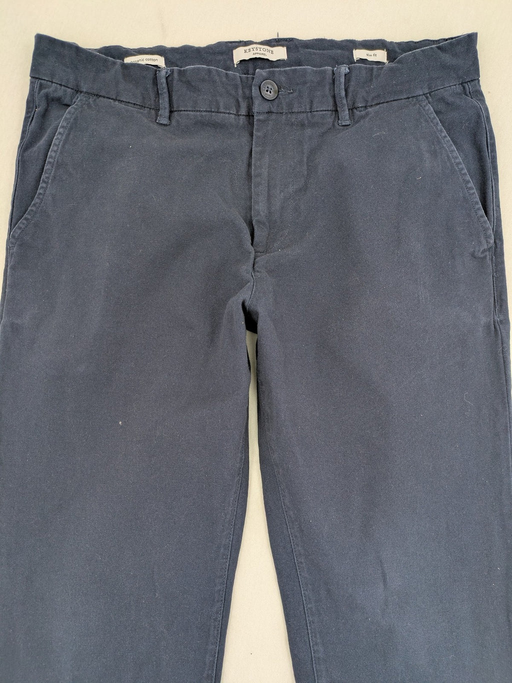 Keystone Apparel navy chino pants slim fit organic cotton with classic design.