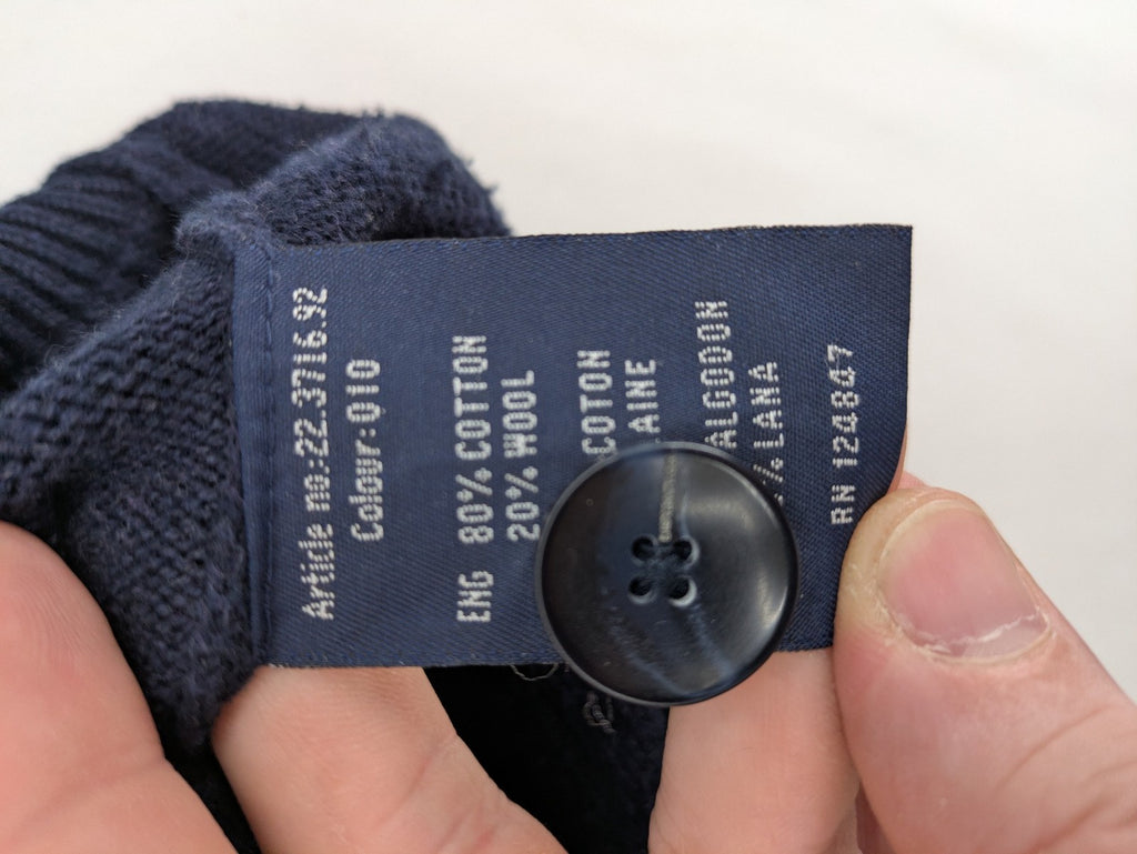 McGregor blue cardigan with elbow patches, button front, subtle logo, cotton-wool blend.