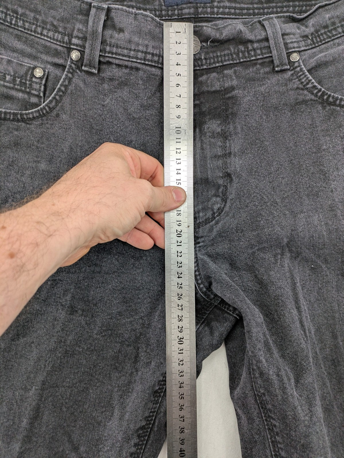 Pioneer grey straight jeans with washed finish and stretch material, classic design.