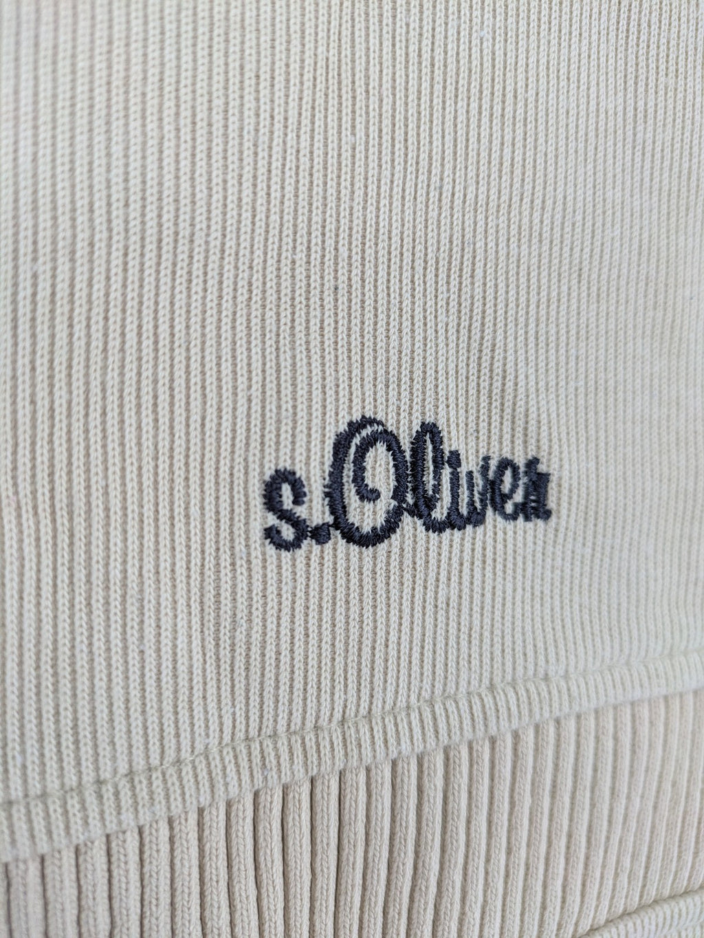 s.Oliver beige turtle neck jumper with ribbed texture and embroidered logo on chest