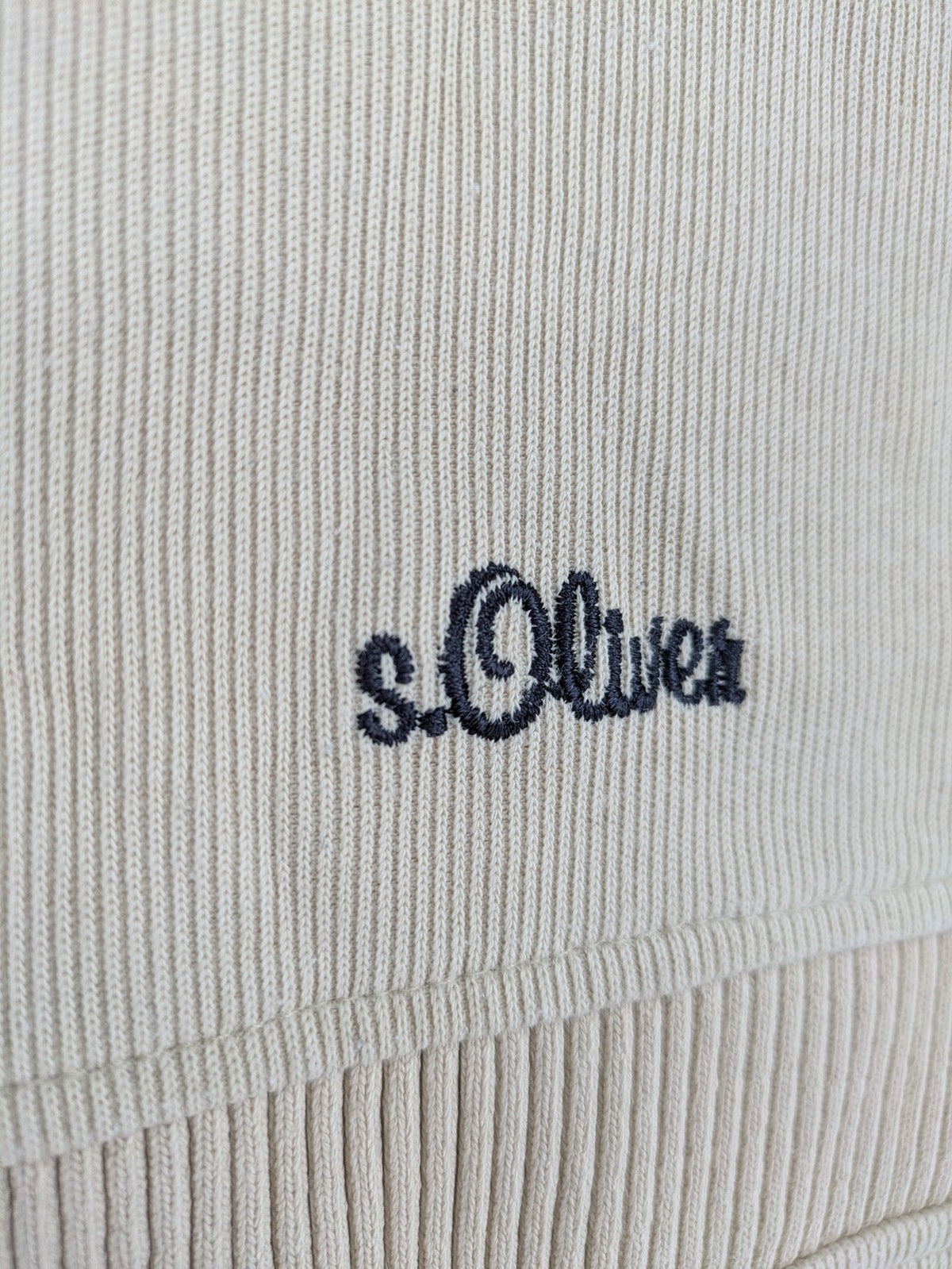 s.Oliver beige turtle neck jumper with ribbed texture and embroidered logo on chest