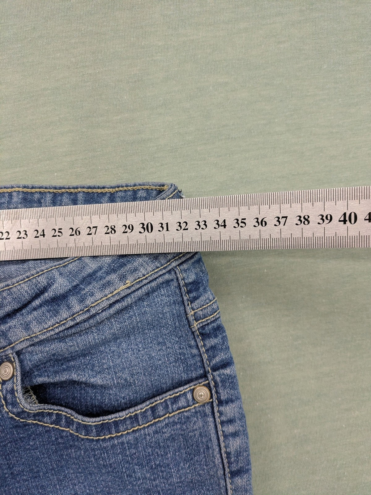 Bamboo blue straight jeans size 158, medium wash, classic 5-pocket style, stretch denim.