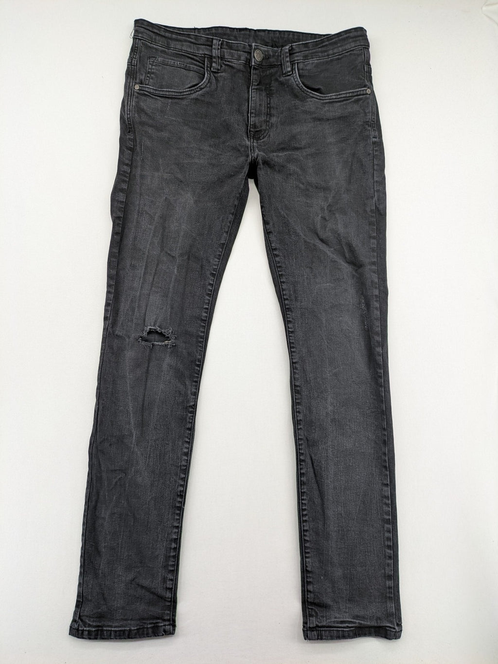 Denim 1982 grey slim fit jeans with ripped knee detail and distressed finish.
