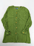 Expressions green blouse with V-neck, button front, and crinkle texture.