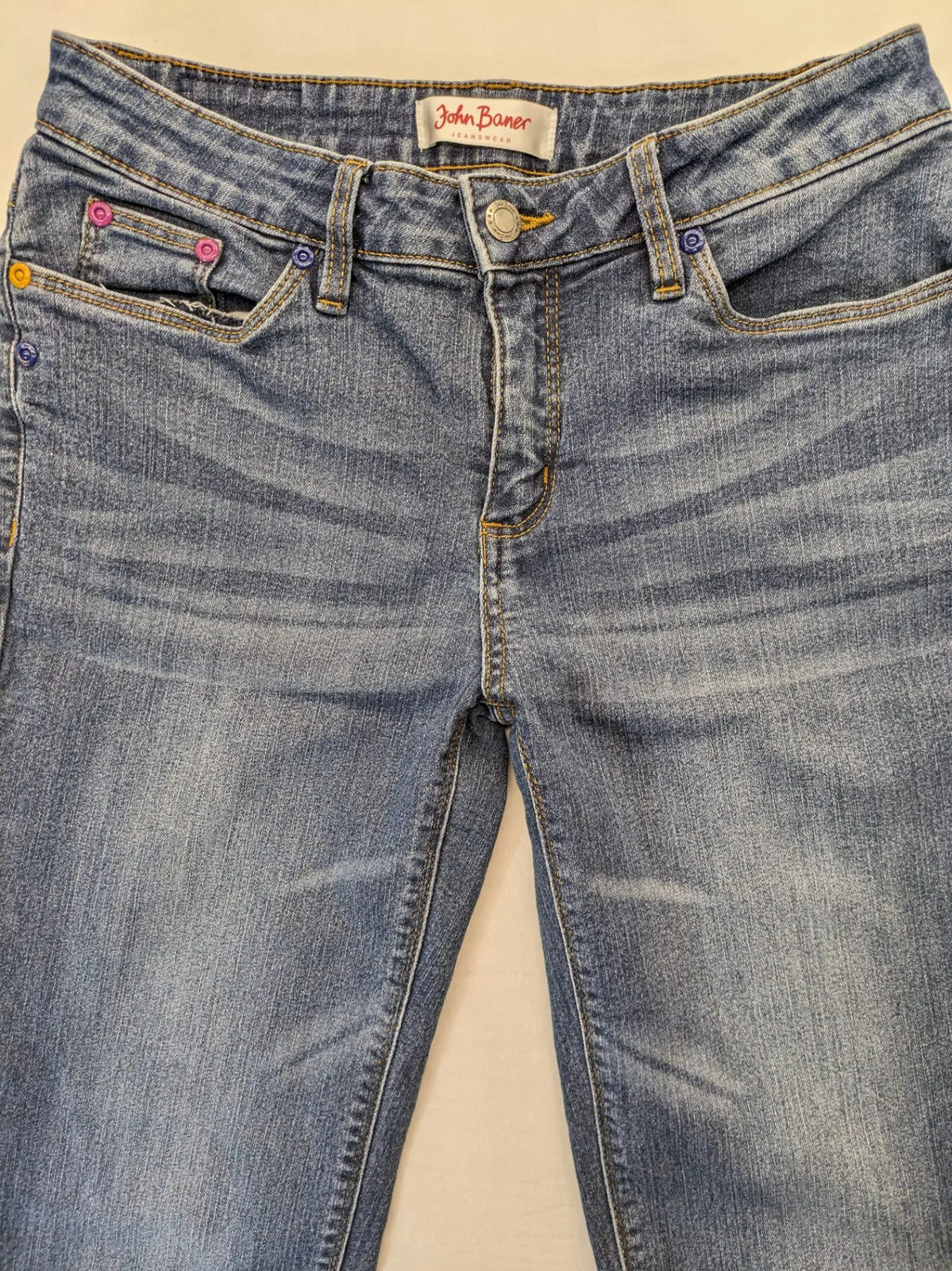 john baner blue straight jeans 5-pocket design with colorful rivets and whiskering effects