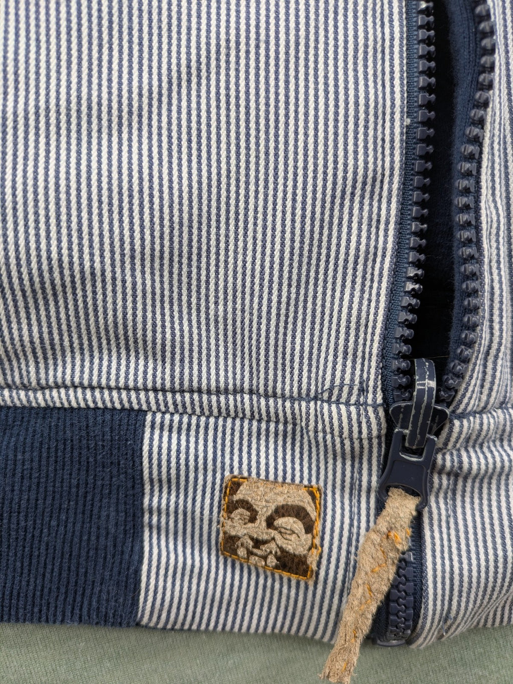 Djinns grey navy striped hoodie full zip with wooden button details and logo patches.