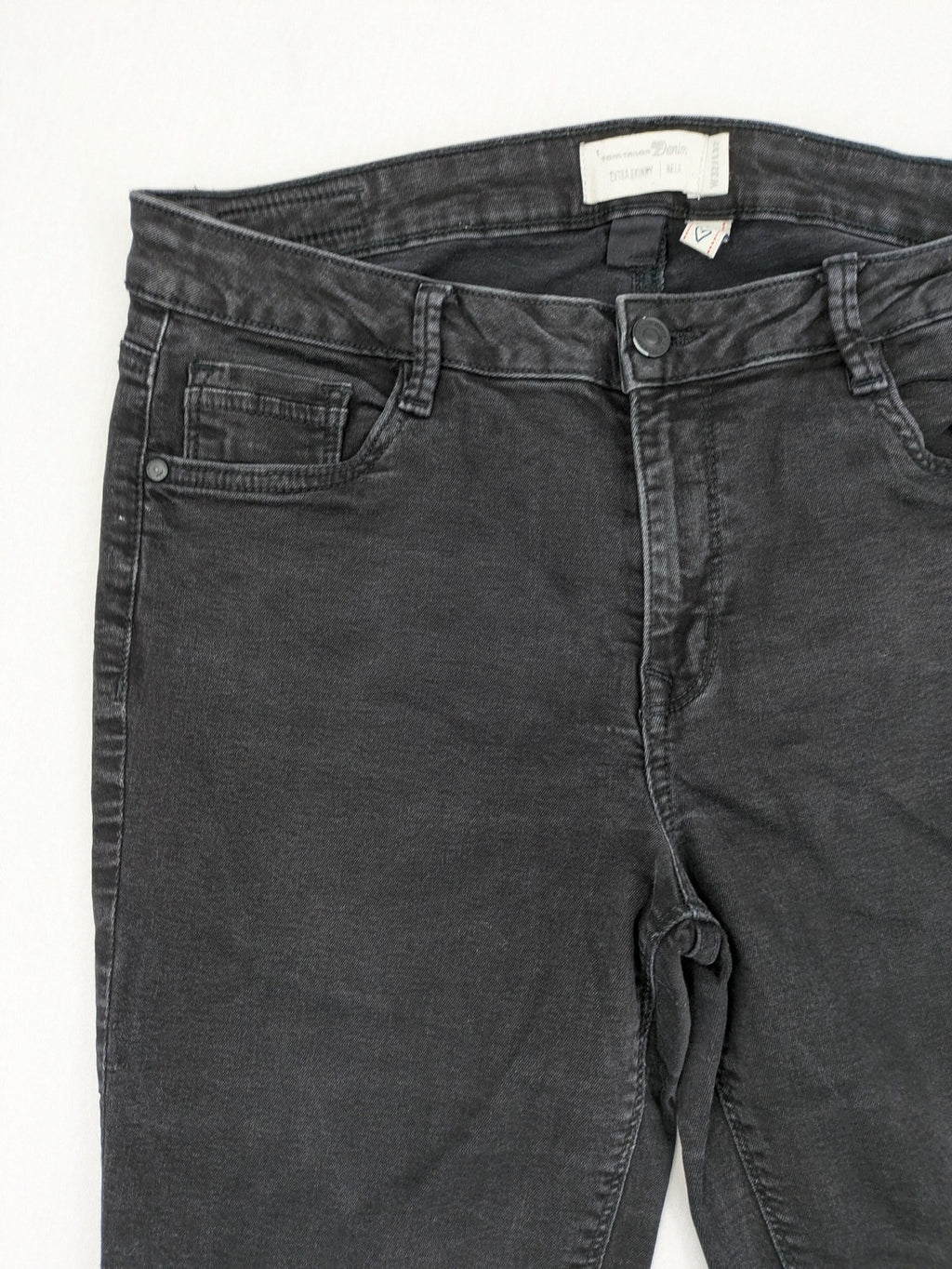Tom Tailor Denim black extra skinny jeans, washed finish, stretch cotton blend, modern silhouette.