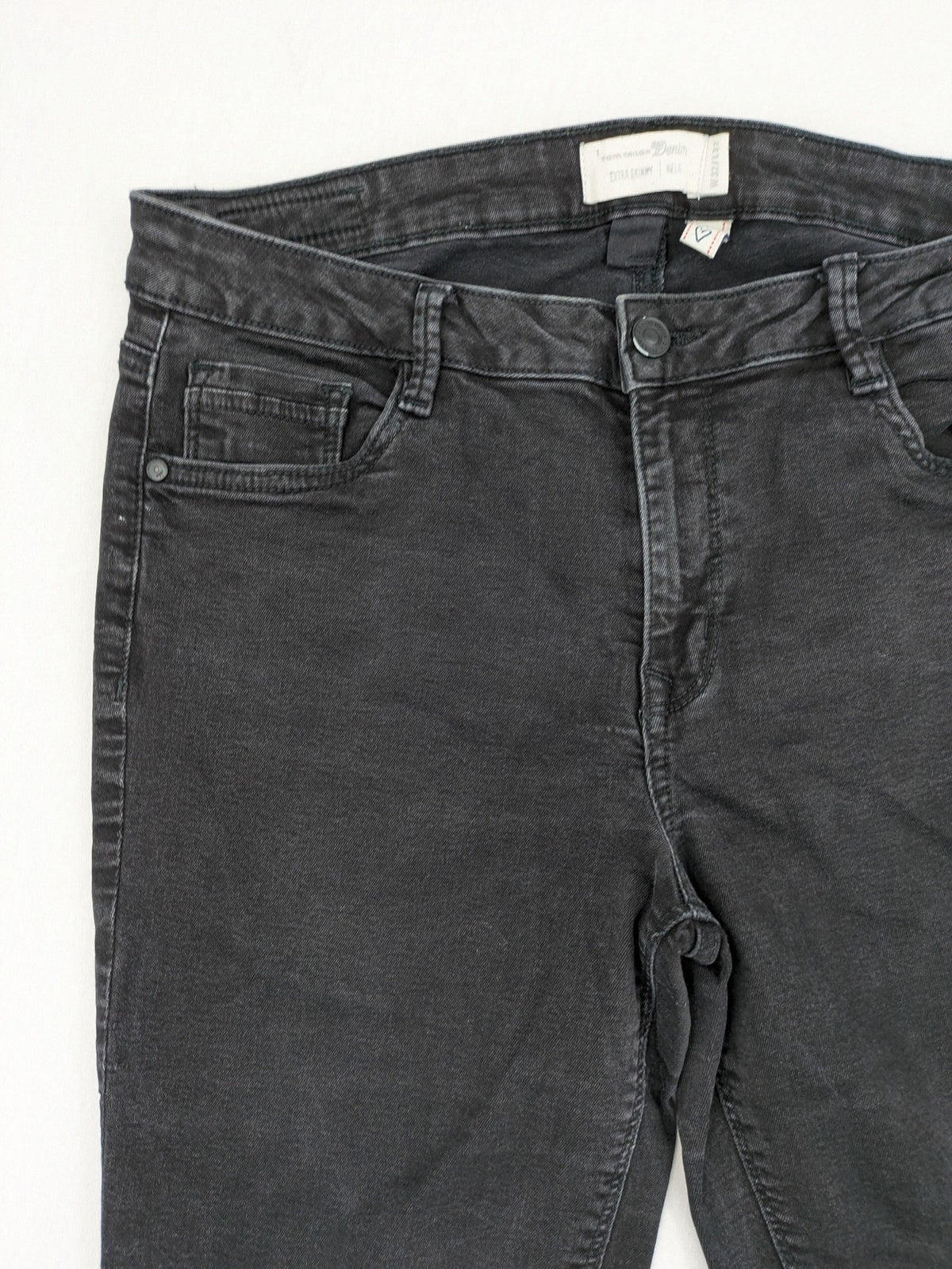 Tom Tailor Denim black extra skinny jeans, washed finish, stretch cotton blend, modern silhouette.